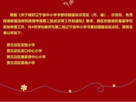 大連市普蘭店區4所學校被評為第二批遼寧省中小學書香校園建設試點學校